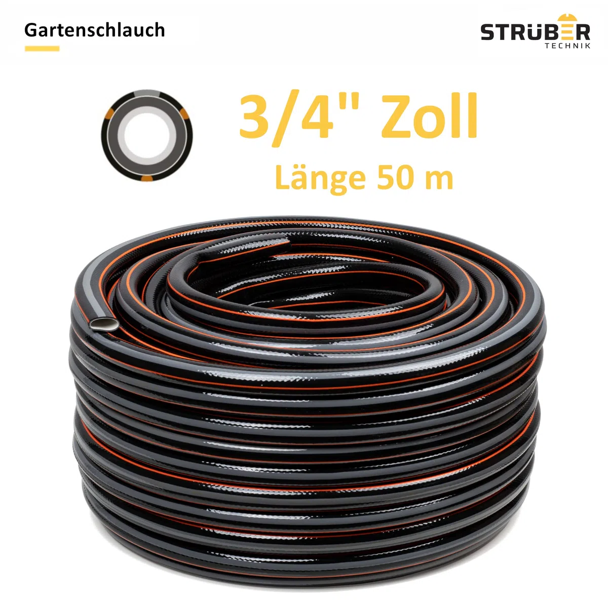 STRÜBER Tuyau d'arrosage à 4 couches (3/4" pouce / 50 m) Tuyau de jardin flexible et dimensionnellement CARBON - Résistant aux UV