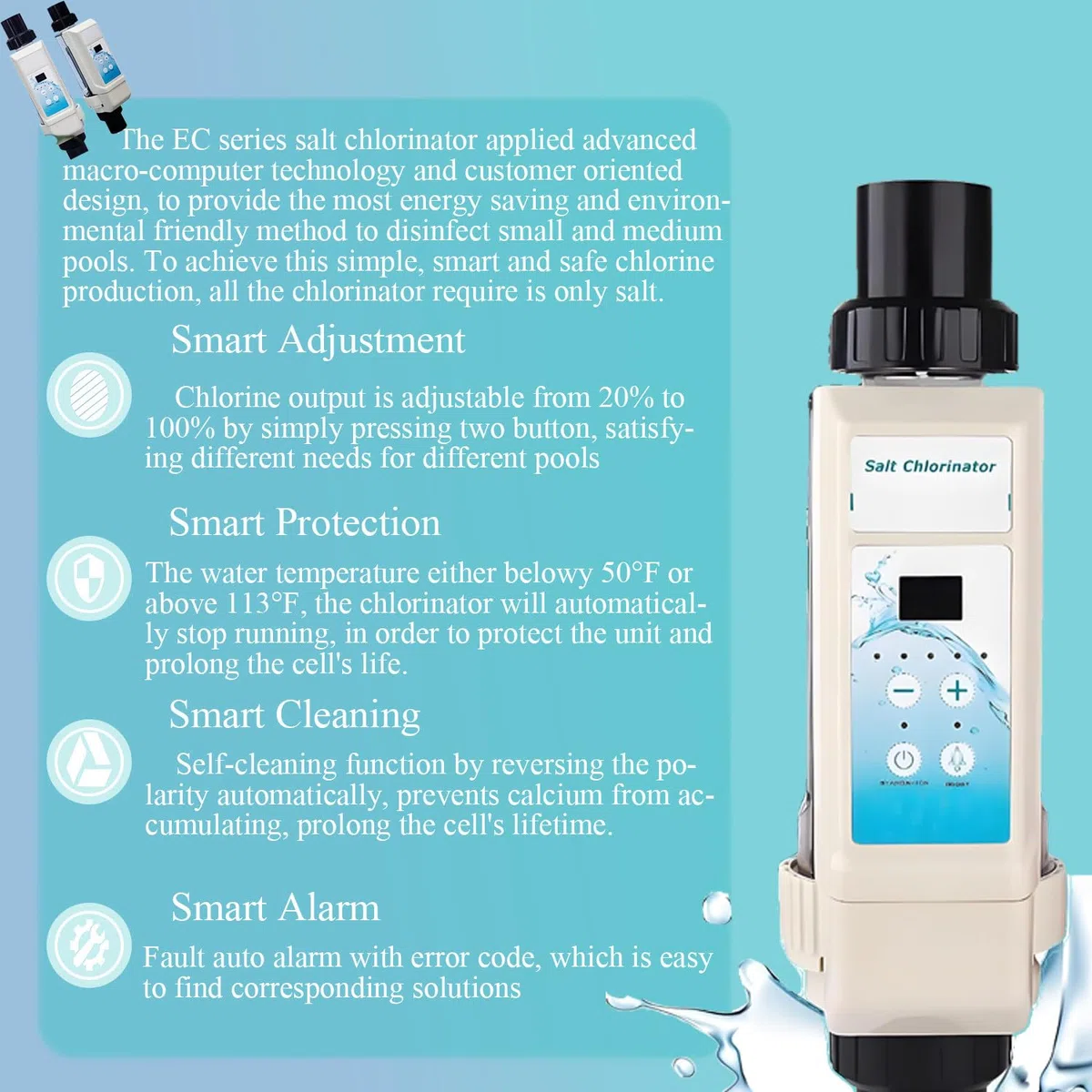 Générateur de chlore salé pour piscine enterrée, système automatique de chloration d'eau salée avec affichage de la salinité, sortie 12 g/h, facile à utiliser