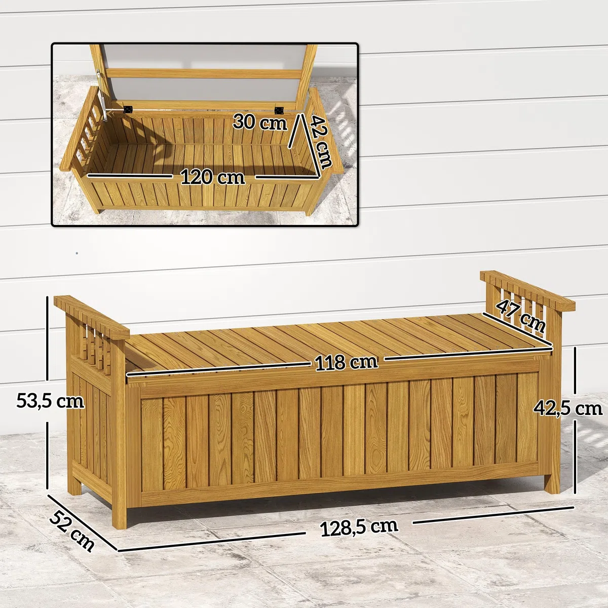 Outsunny Banc de Jardin en Bois 2 Places avec Espace de Rangement de 151L, Banc d'extérieur avec accoudoirs, Charge 240 kg, pour Jardin Balcon, 128,5 x 52 x 53,5 cm Marron