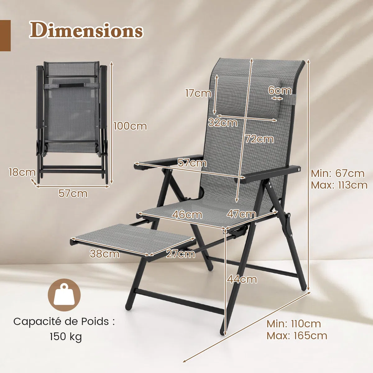 COSTWAY Chaises de Jardin Exterieur, Chaises Pliantes Réglables sur 10 Niveaux, Repose-Pied Rétractable, Appui-tête, Fauteuil Pliante pour Jardin Camping Piscine, Charge 150 kg (2)